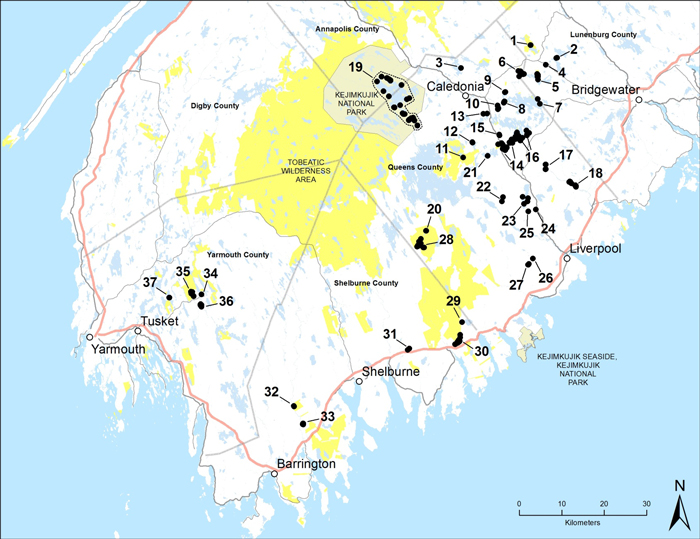 Map of southern tip of Nova Scotia. Long description in preceding paragraph.