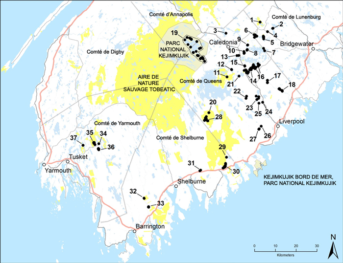 Carte du sud de la Nouvelle-Écosse. Description longue situé dans la paragraphe précédent.