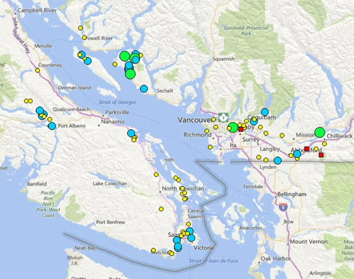 Map of Vancouver area and Victoria. Long description in preceding paragraph.