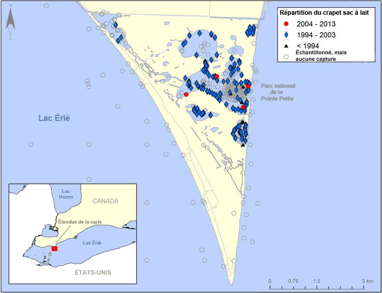 Répartition  du crapet sac-à-lait dans le parc national de Pointe-Pelée