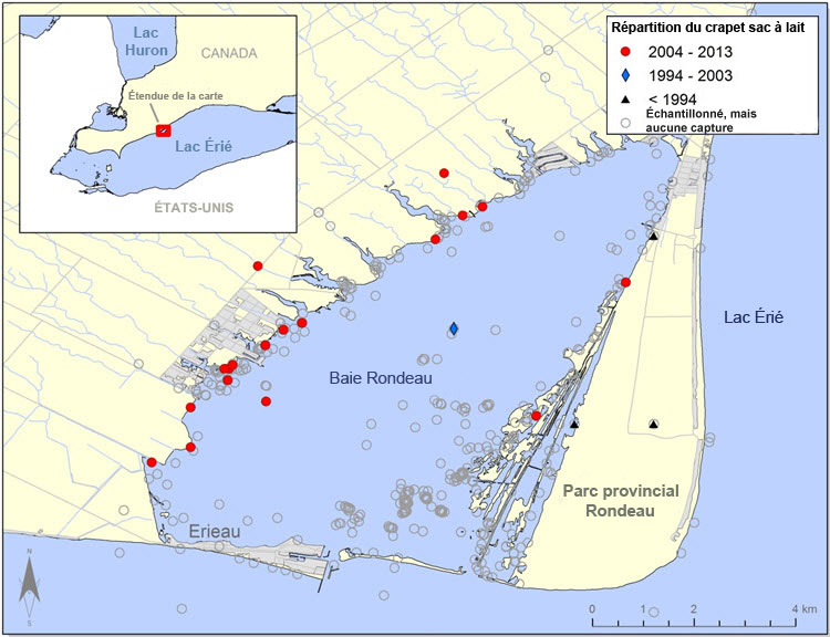 Répartition  du crapet sac-à-lait dans la baie Rondeau.