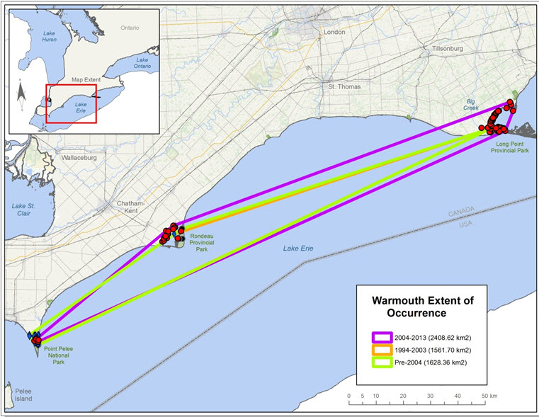 Map of the distribution of the Warmouth in the United States and Canada.