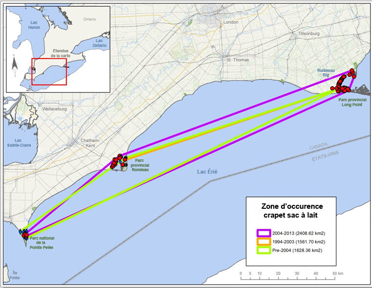 Zone d'occurrence du crapet sac-à-lait calculée selon la méthode de l'enveloppe convexe