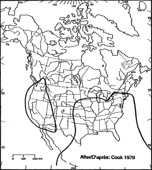 Figure 1 is a map of toothcup distribution in North America. (See long description below)