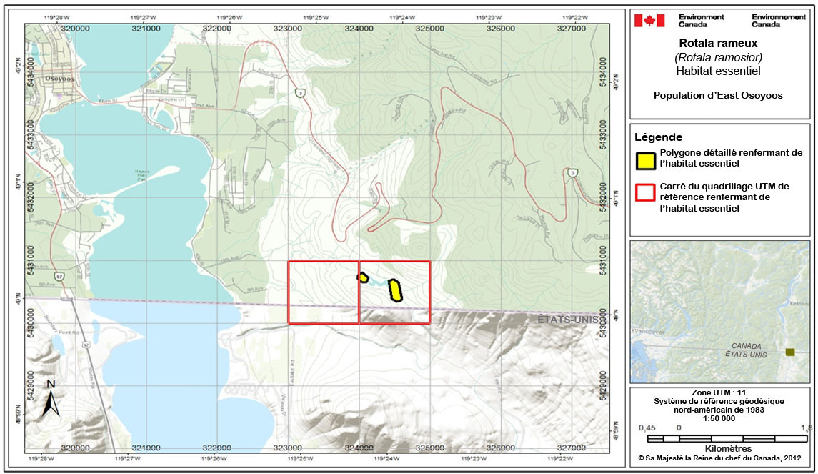 La figure A1 est une carte de l’habitat essentiel de la population d’East Osoyoos.(Voir description longue ci-dessous.)