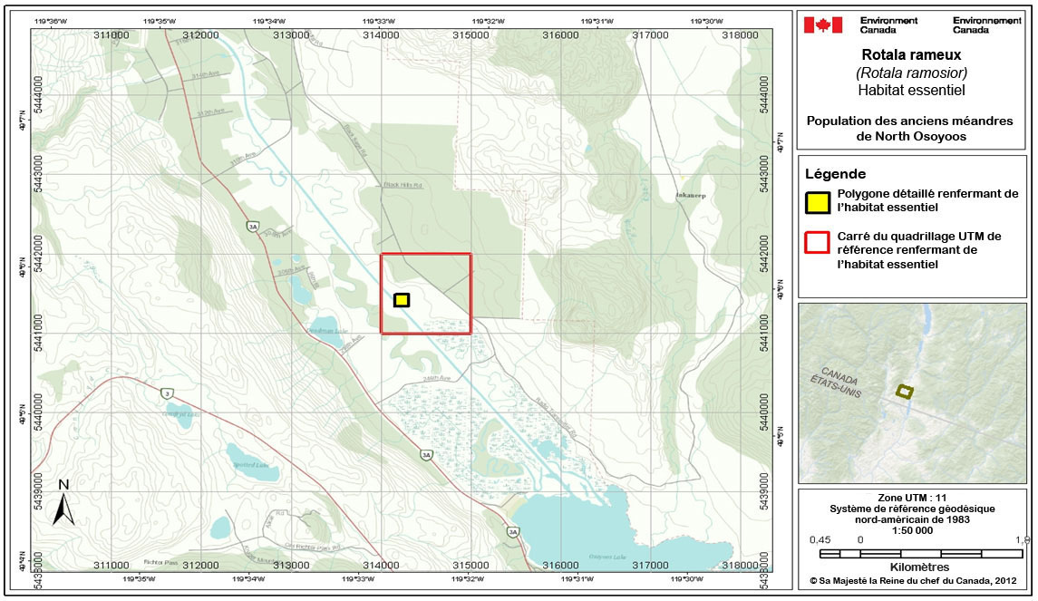 La figure A2 est une carte de l’habitat essentiel de la population des anciens méandres de North Osoyoos. (Voir description longue ci-dessous.)