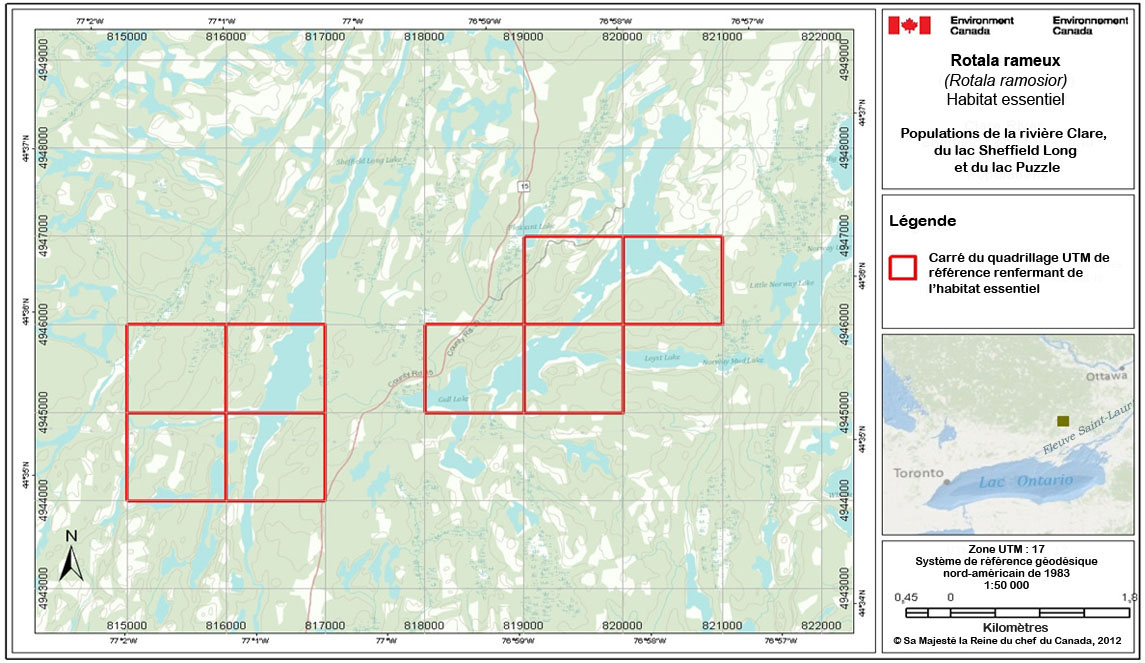 La figure A4 est une carte de l’habitat essentiel des populations de la rivière Clare, du lac Sheffield Long, du lac Puzzle Est et du lac Puzzle Ouest. (Voir description longue ci-dessous.)