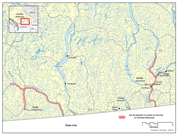 Figure 2. Aire de répartition du chabot du Columbia au Canada. (Voir description longue ci-dessous.)