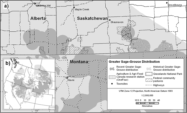 Figure 1 is a map of the current and historical distribution of Greater Sage-Grouse.(See long description below)