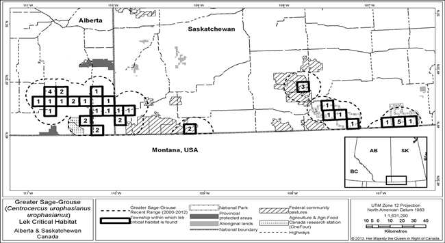 Figure 2 is a map showing lek-based critical habitat for Greater Sage-Grouse in southeastern Alberta and southwestern Saskatchewan. (See long description below)