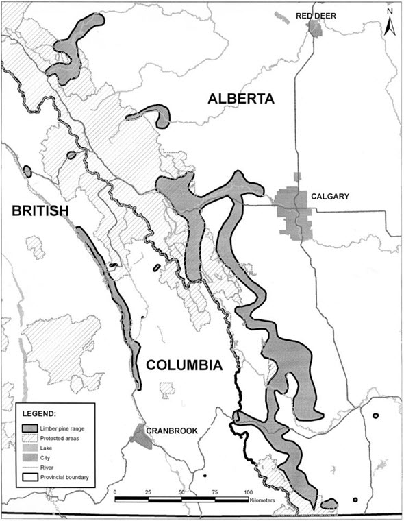 Map illustrating currently occupied range of the Limber Pine in Canada.