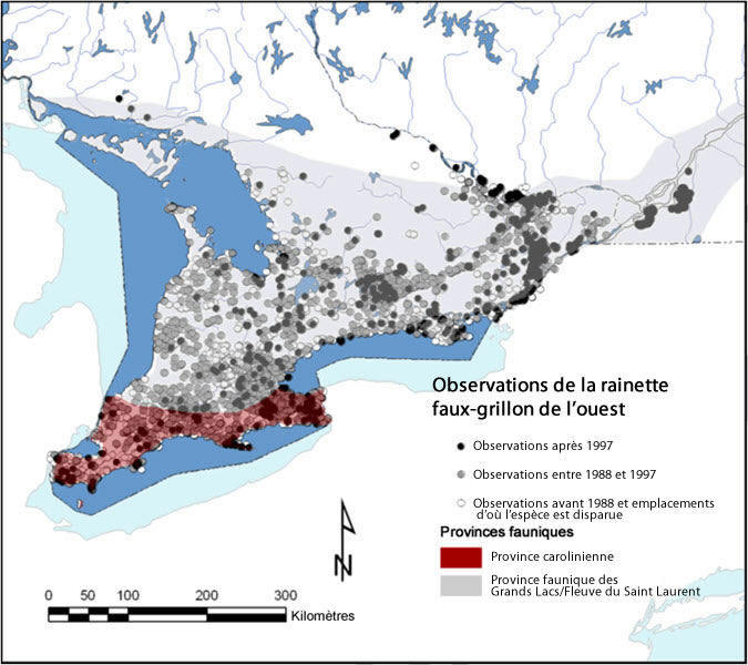 Carte montrant les observations de la rainette faux-grillon de l’ouest dans le sud de l’Ontario et du Québec