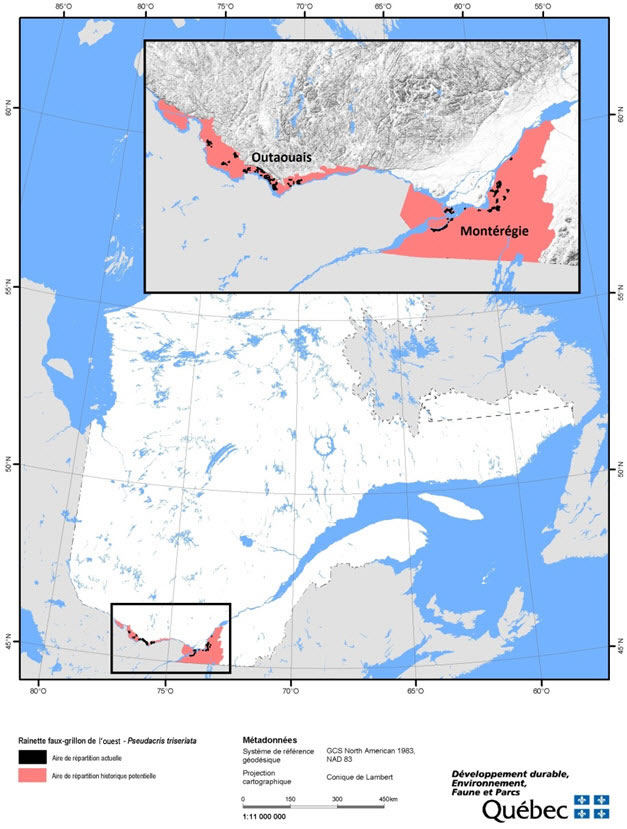 Carte montrant l’aire de répartition historique potentielle de la rainette faux-grillon de l’ouest (GLSLBC) dans les régions québécoises de l’Outaouais et de la Montérégie, ainsi que son aire de répartition actuelle.