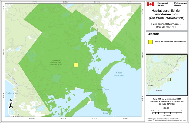 Figure 3. Habitat essentiel désigné pour l’érioderme mou à Kejimkujik. (Voir description longue ci-dessous.)