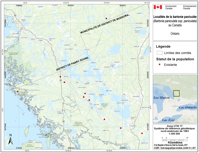 Localités de la bartonie paniculée au Canada