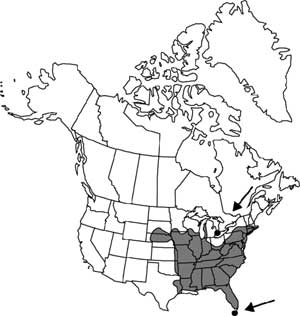 Figure 1: North American distribution of Eastern Prickly Pear Cactus. The arrows point to outliers in the species' range (Pinkava 1993).