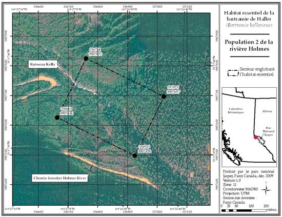 Figure 7: Secteur englobant l'habitat essentiel de la population 2 de la rivière Holmes, en Colombie-Britannique (parcelle 689_6). Se reporter au corps du texte pour la description de l'habitat essentiel, les éléments de l'habitat essentiel et les secteurs exclus de l'habitat essentiel.