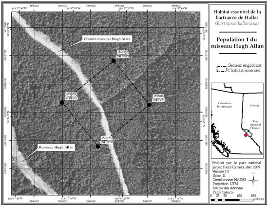 Figure 8: Secteur englobant l'habitat essentiel de la population 1 du ruisseau Hugh Allan, en Colombie-Britannique (parcelle 689_7). Se reporter au corps du texte pour la description de l'habitat essentiel, les éléments de l'habitat essentiel et les secteurs exclus de l'habitat essentiel.
