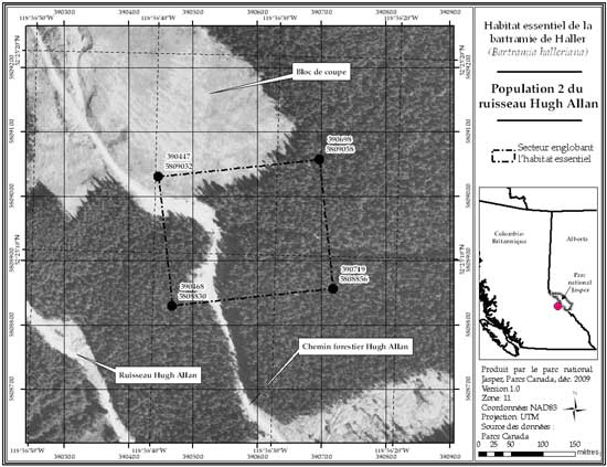 Figure 9: Secteur englobant l'habitat essentiel de la population 2 du ruisseau Hugh Allan, en Colombie-Britannique (parcelle 689_8). Se reporter au corps du texte pour la description de l'habitat essentiel, les éléments de l'habitat essentiel et les secteurs exclus de l'habitat essentiel.