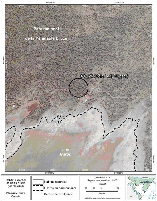 Figure 15. Carte à petite échelle de la parcelle d'habitat essentiel no 26 de l'iris lacustre au nord de la péninsule Bruce.