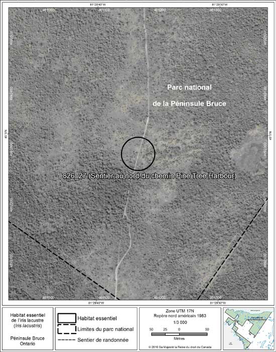Figure 16. Carte à petite échelle de la parcelle d'habitat essentiel no 27 de l'iris lacustre au nord de la péninsule Bruce.