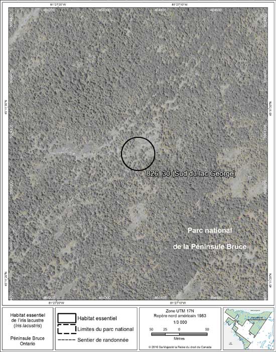 Figure 19. Carte à petite échelle de la parcelle d'habitat essentiel no 30 de l'iris lacustre au nord de la péninsule Bruce.
