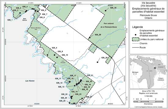 Figure 4. Emplacements généraux des parcelles d'habitat essentiel au nord de la péninsule Bruce. La ligne en pointillé représente la limite du parc national de la Péninsule Bruce.