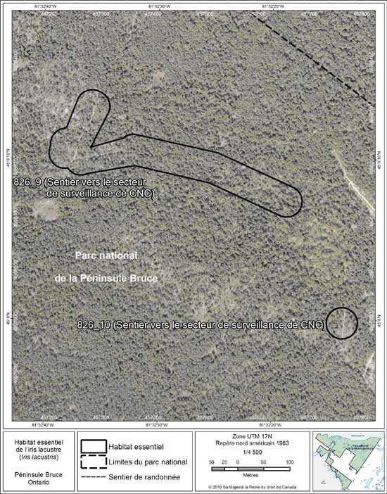 Figure 10. Carte à petite échelle des parcelles d'habitat essentiel nos 9 et 10 de l'iris lacustre au nord de la péninsule Bruce.