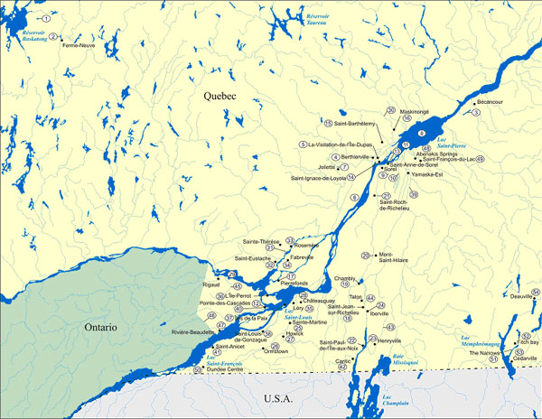 Figure 3. Historic and current Bridle Shiner sites in Quebec. Numbers refer to waterbody locations in Table 1.
