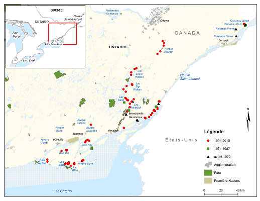 Figure 4a. Répartition du méné d’herbe en Ontario.