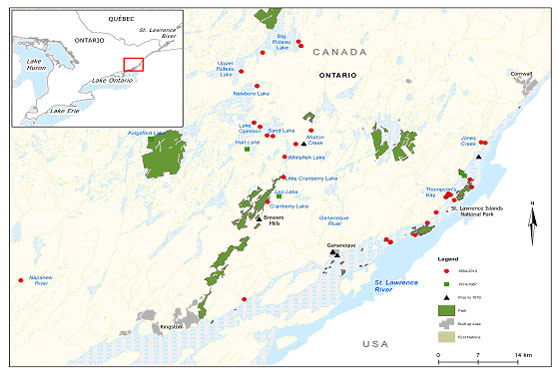 Figure 4b. Bridle Shiner distribution in Ontario - St. Lawrence National Islands Park sites.