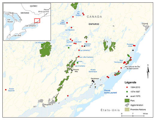 Figure 4b. Répartition du méné d’herbe en Ontario - Sites du Parc national du Canada des Îles-du-Saint-Laurent.