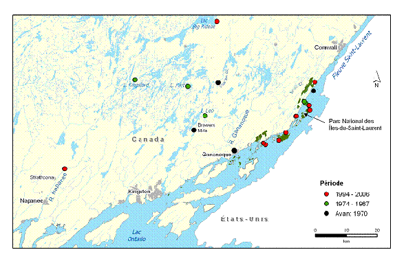 Figure 4b. Répartition du méné d’herbe en Ontario - Sites du Parc national du Canada des Îles-du-Saint-Laurent.