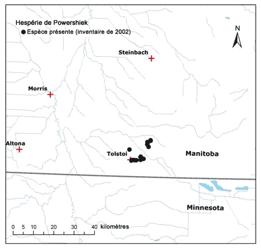 Figure 3. Aire de répartition canadienne de l’hespérie de Poweshiek.