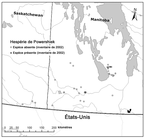 Figure 4. Sites visités dans le cadre de l’inventaire des populations de l’hespérie de Poweshiek en 2002.