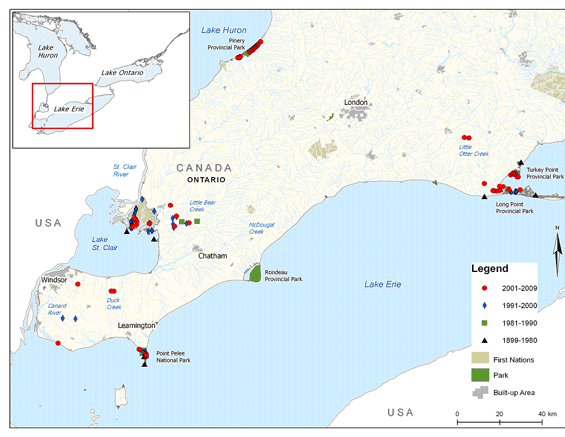 Figure 3 (a). Distribution of the Grass Pickerel in southwestern Ontario, see Table 1 for details (See long description below)