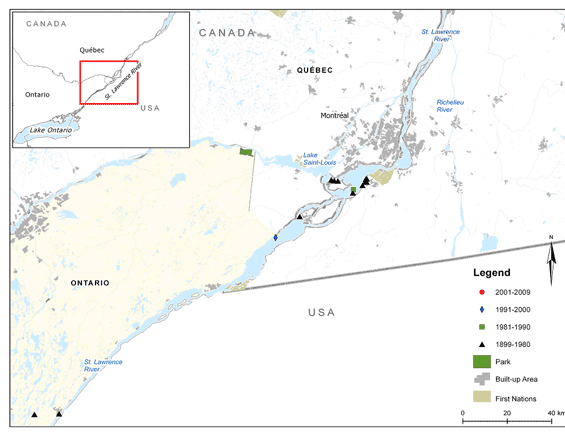 Figure 4. Distribution of Grass Pickerel in Quebec, see Table 2 for details  (See long description below)