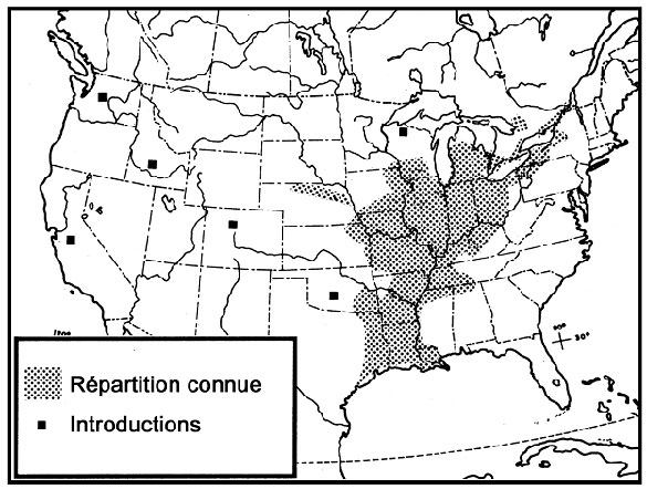 Figure 2. Répartition mondiale du brochet vermiculé (tirée de Crossman et Holm, 2005). Pour plus de détails voir tableau 1 (Voir description longue ci-dessous.)