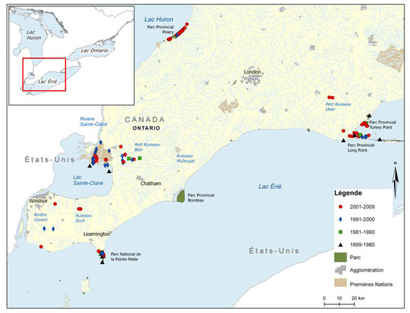 Figure 3a. Répartition du brochet vermiculé dans le sud-ouest de l’Ontario. Pour plus de détails voir tableau 1 (Voir description longue ci-dessous.)