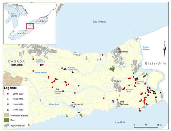 Figure 3b. Répartition du brochet vermiculé dans le sud-est de l’Ontario (région de Niagara). Pour plus de détails voir tableau 1 (Voir description longue ci-dessous.)