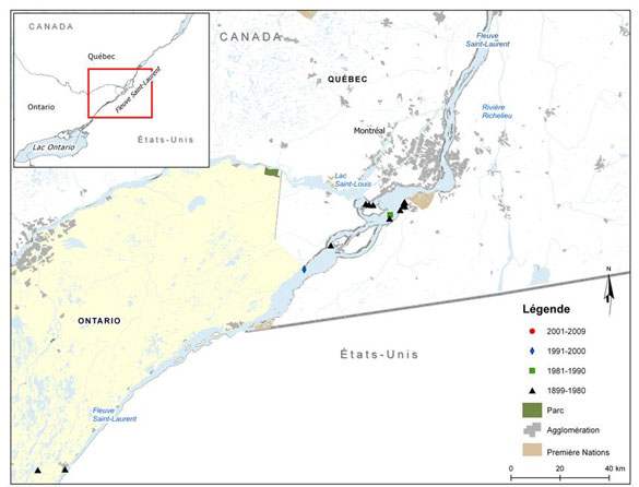 Figure 4. Répartition du brochet vermiculé au Québec. Pour plus de détails voir tableau 2 (Voir description longue ci-dessous.)