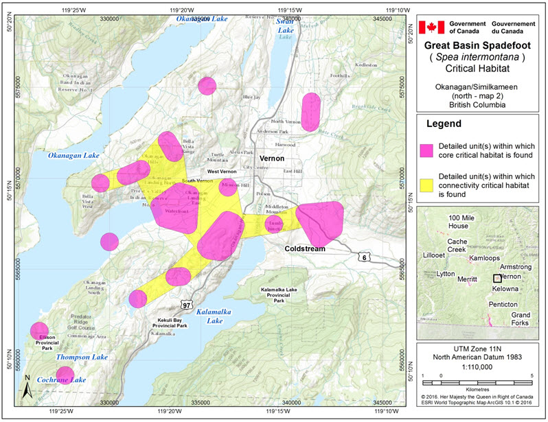 Critical habitat for the Great Basin Spadefoot  in the Okanagan/Similkameen (north – map 2) area of B.C.