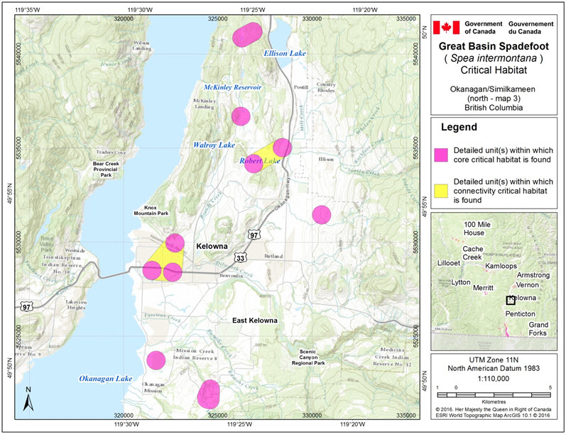 Critical habitat for the Great Basin Spadefoot in the Okanagan/Simikameen (north – map 3) area of B.C.
