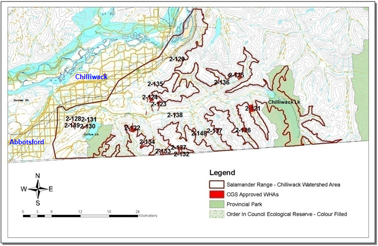 Map of existing habitat protection for Pacific  Giant Salamanders in B.C.