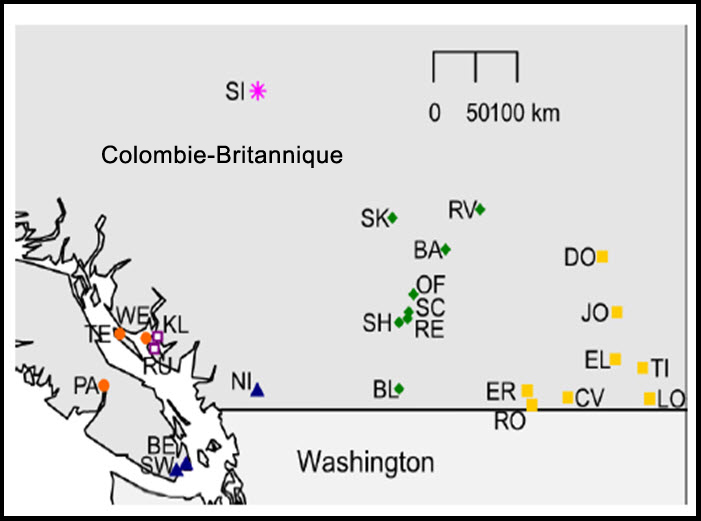 Carte illustrant les 6 groupes génétiques de la tortue  peinte dont on présume l’existence en Colombie-Britannique