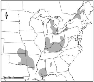 Figure 2. Global distribution of the Channel Darter. (adapted from Page and Burr 1991). (See long description below)