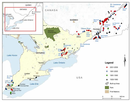Figure 3. Channel Darter distribution in Canada. (See long description below)