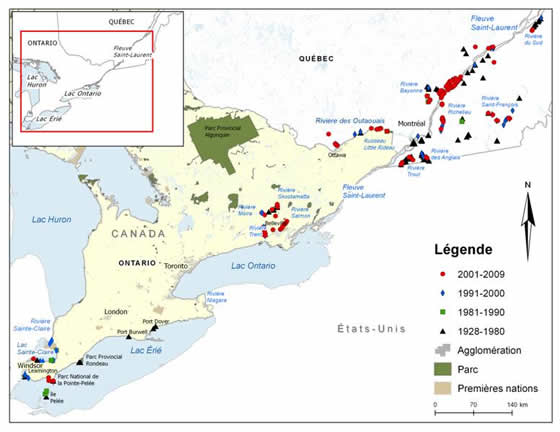 Figure 3. Aire de répartition du fouille-roche gris au Canada. (Voir description longue ci-dessous.)