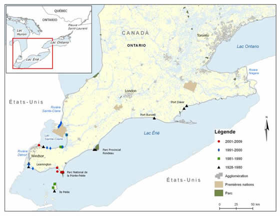 Figure 4. Aire de répartition du fouille-roche gris dans le sud-ouest de l’Ontario. (Voir description longue ci-dessous.)
