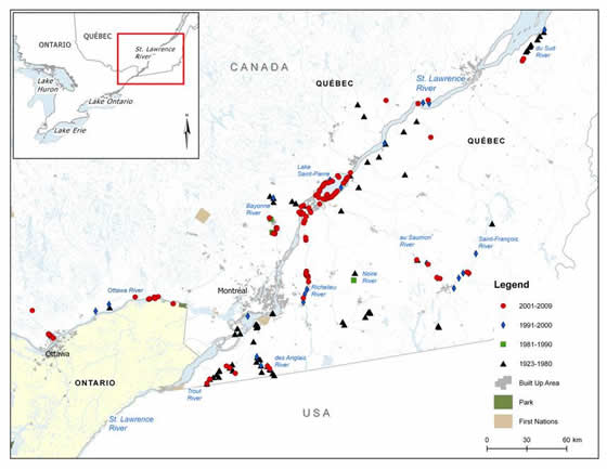Figure 6. Channel Darter distribution in Quebec (See long description below)